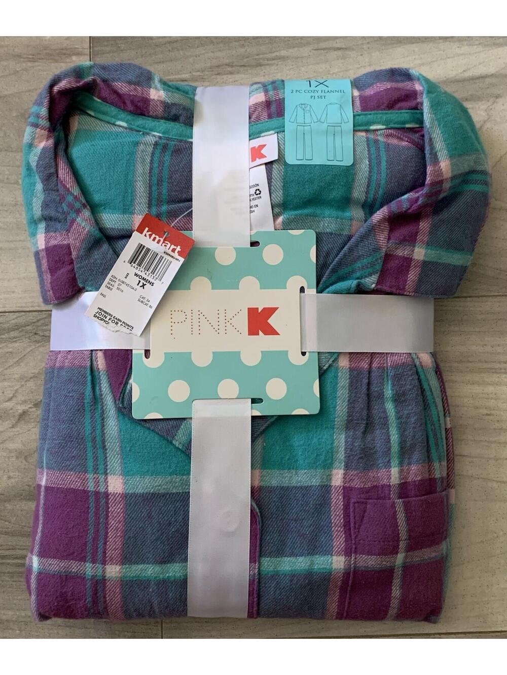 Vtg Womens 1X Pajama Set Flannel Pink K Kmart Warm Grannycore Cottagecore Nwt